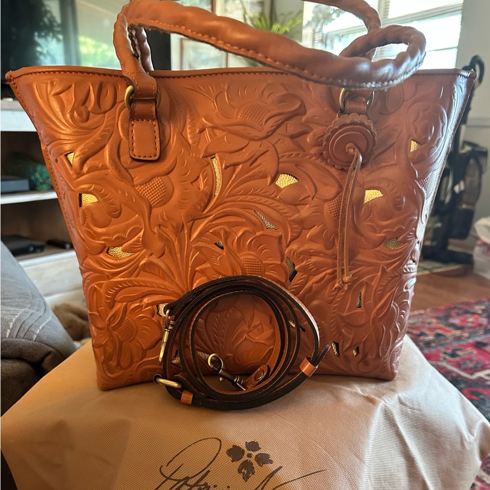 Patricia Nash Embossed Floral Leather Tote in Cognac Brown with Gold Accents
